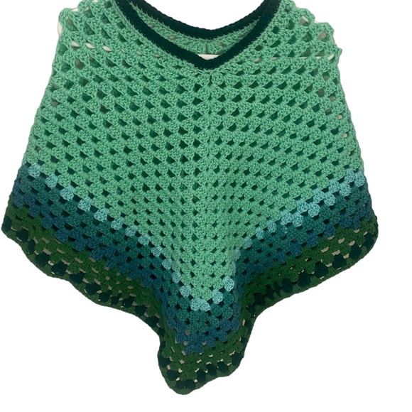 Vintage Sweaters - Vintage Handmade Green Granny Square Poncho Boho One Size Fits Small-Medium EUC